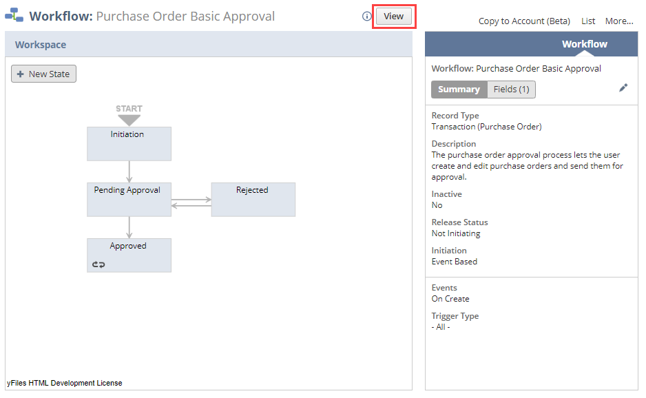A screenshot of the workflow diagrammer in Edit mode with the View button highlighted.