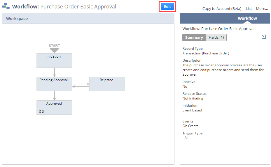 A screenshot of the workflow diagrammer in view mode with the Edit button highlighted.
