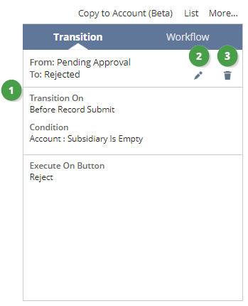 A screenshot of the Transition tab of a sample workflow.