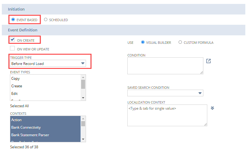 A portion of the workflow definition page with Event Based selected. The On Create box is checked and the Before Record Load trigger type is selected.