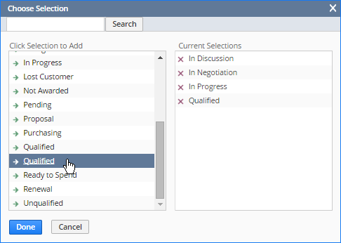 The Choose Selection window. Qualified is highlighted in the Click Section to Add column. The Current Selections column includes the In Discussion, In Negotiation, In Progress, and Qualified selections.
