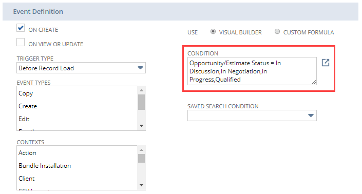 The workflow definition page, in the Event Definition section, the Condition field is populated with the formula Opportunity/Estimate Status equals In Discussion, In Negotiation, In Progress, and Qualified.