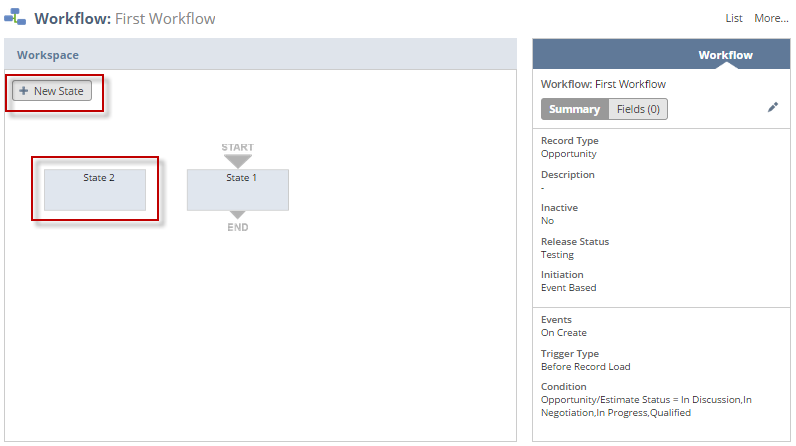 The workflow diagrammer, with the New State button located at the top of the screen on the left. State 2 is also highlighted.