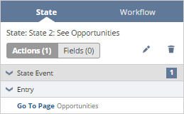 A view of the context panel that shows the Go to Page action added to the second state. Trigger On is set to Entry. Under Entry, the parameter is set to open the Opportunities page.
