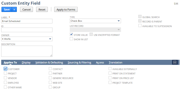 A portion of the Custom Entity Field page with the Applies To subtab selected and the Customer checkbox selected.
