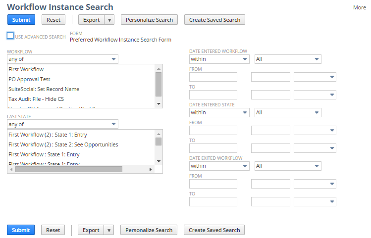 A portion of the basic workflow instance search showing search criteria. Search options shown include Workflow, Last State, Date Entered Workflow, Date Entered State, and Date Exited Workflow.
