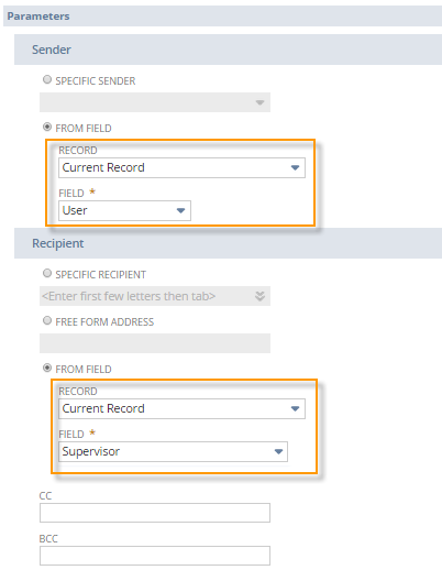 A portion of the Send Email action page for a purchase order. In the Sender and Recipient sections, the User and Supervisor values for Current Record represent the user currently accessing the purchase order and the supervisor for that employee, respectively.