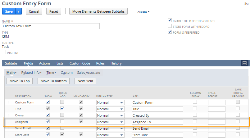 A portion of the Custom Entry Form page that highlights the Assigned row. Users should note that in the Description column, it is listed as "Assigned," whereas in the Label column, it is described as "Assigned To."