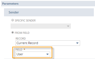 A portion of the Send Email action showing the Parameters section settings. User is selected in the Field drop-down list, which is highlighted in the screenshot.