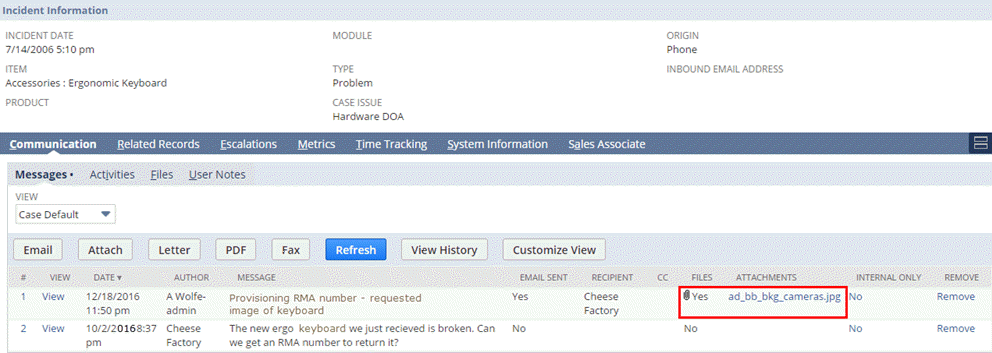 Screenshot of the Incident Information page, Messages subtab on the Communications subtab where the user is uploading an attachement.