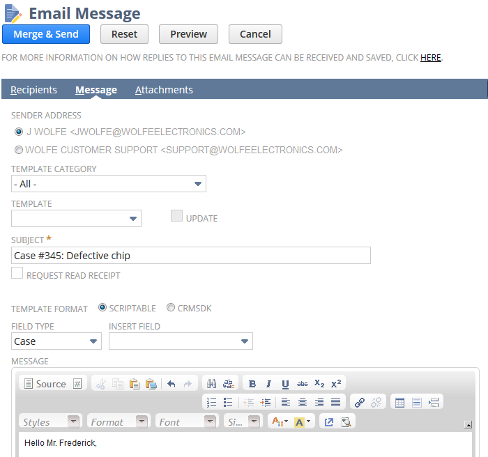 Screenshot of the Email Message page, Message subtab.