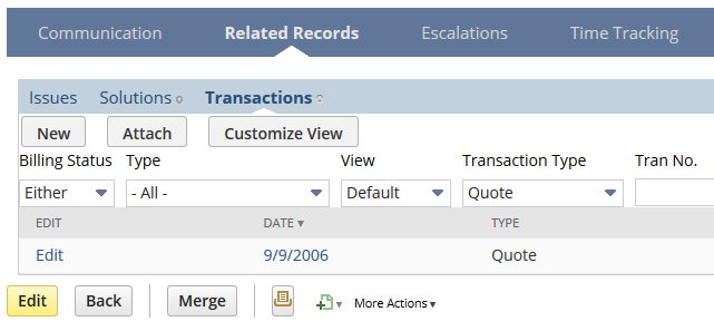 Screenshot of a portion of the Related Records subtab on a case record where the user is linking a case to a transaction.