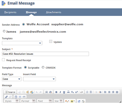 Screenshot of the Email Message popup window, Message subtab.
