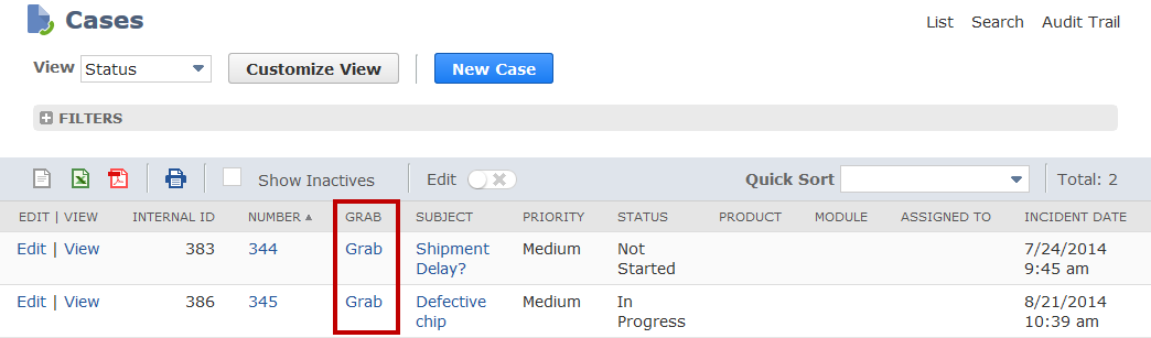 Screenshot of the Cases page where the user is grabing a case.