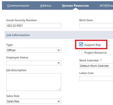 Screenshot of the Support Rep option on the Human Resources subtab on the employee record.