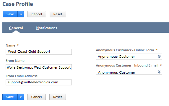 Screenshot of the Case Profile page, General subtab for NetSuite OneWorld.