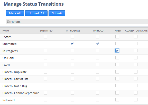 Screenshot of the Manage Status Transitions page where you decide the workflow of issue statuses.