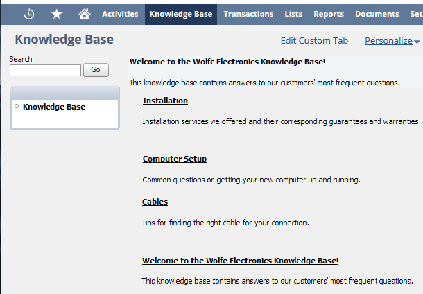 Screenshot of a Knowledge Base custom tab in a navigation menu.