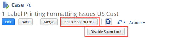 Screenshot of the Enable Spam Lock button on the case record.