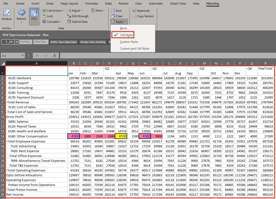 Form displayed with Cell Styles option