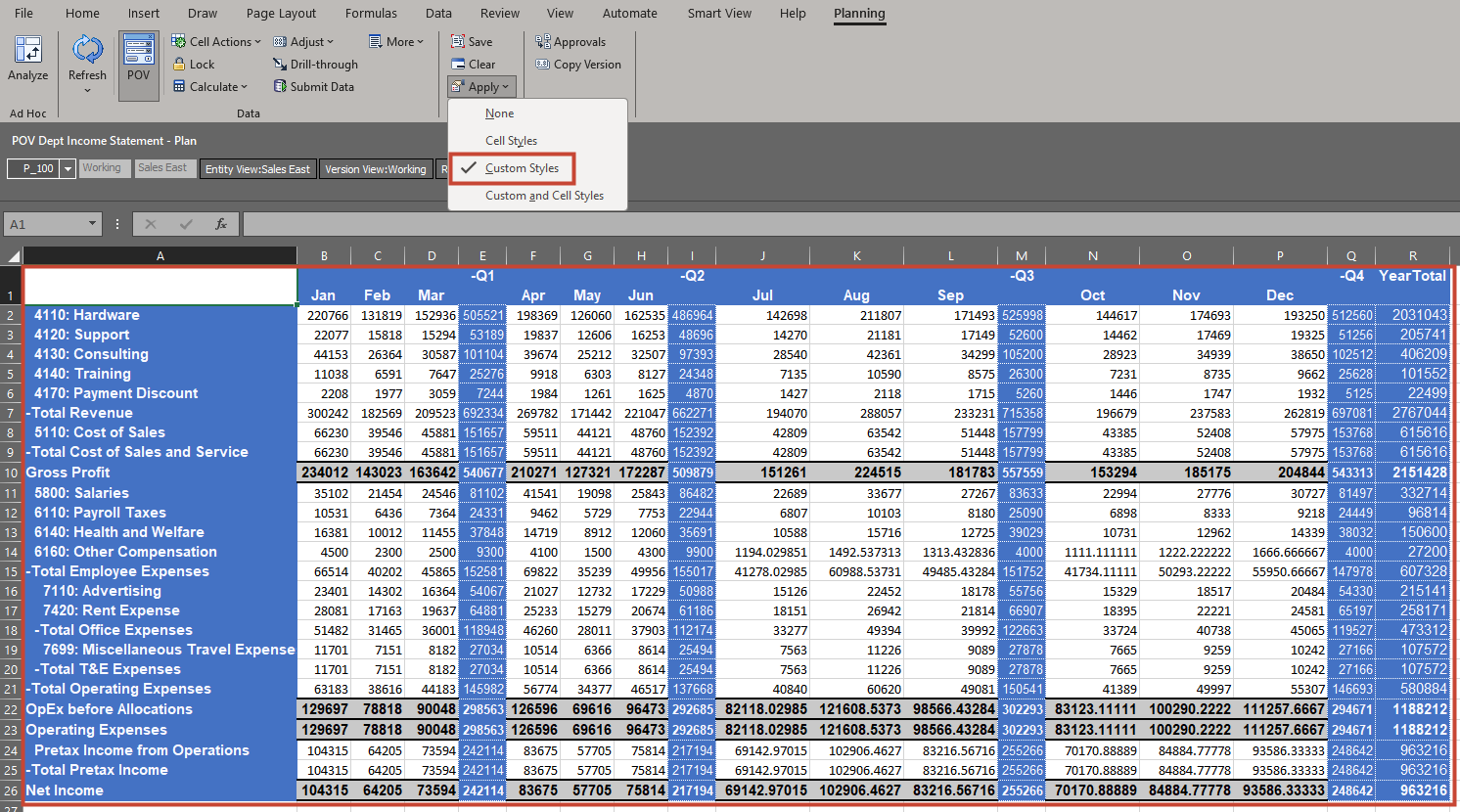 Form displayed with Custom Styles option