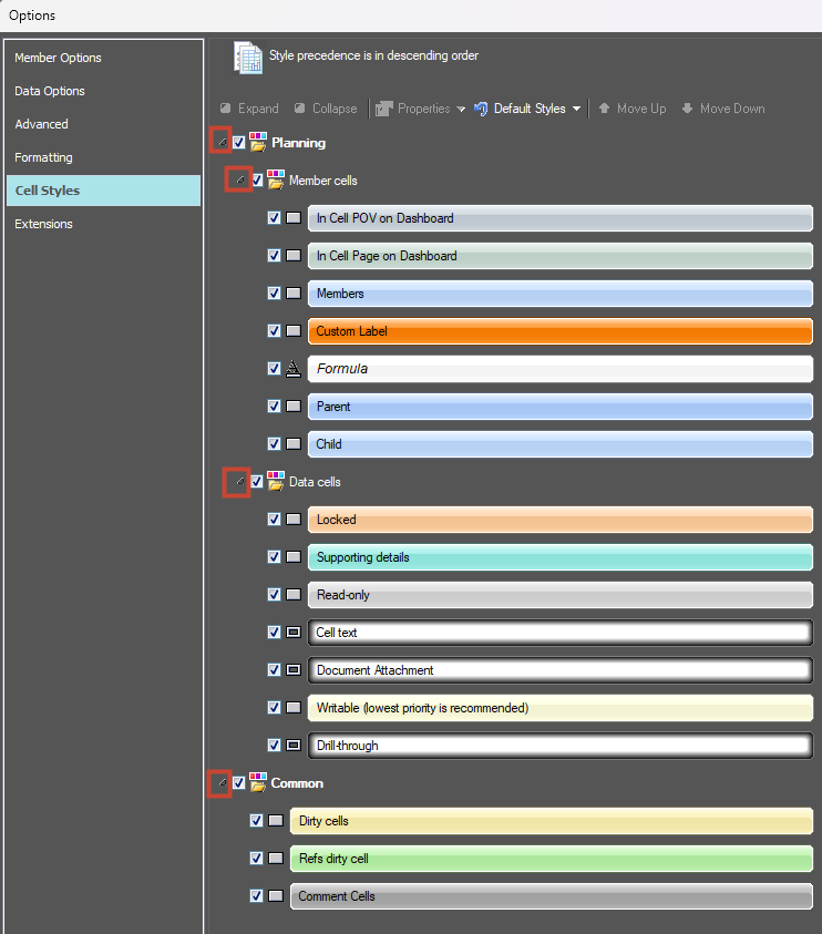 Expanded Cell Styles options configured