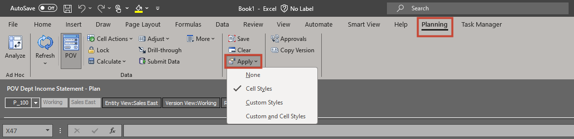 Apply menu in Planning tab