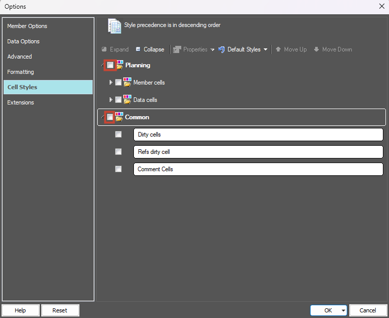 deselect Cell Styles options configured