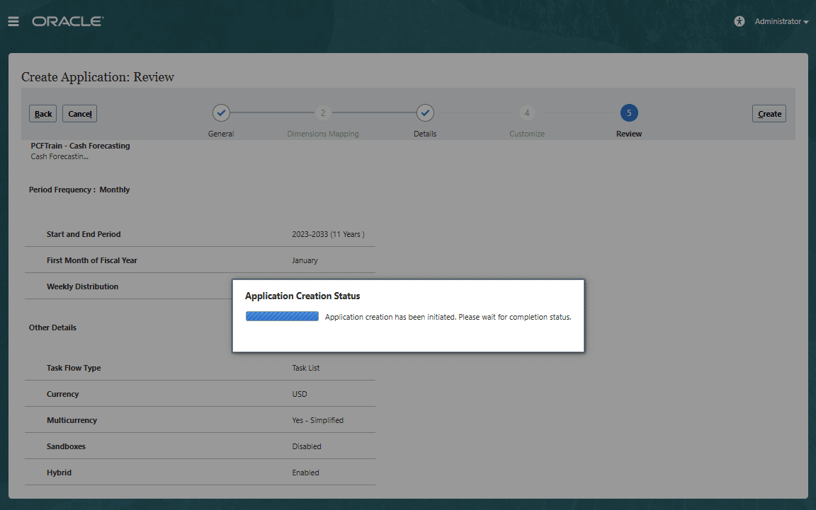 Application creation status