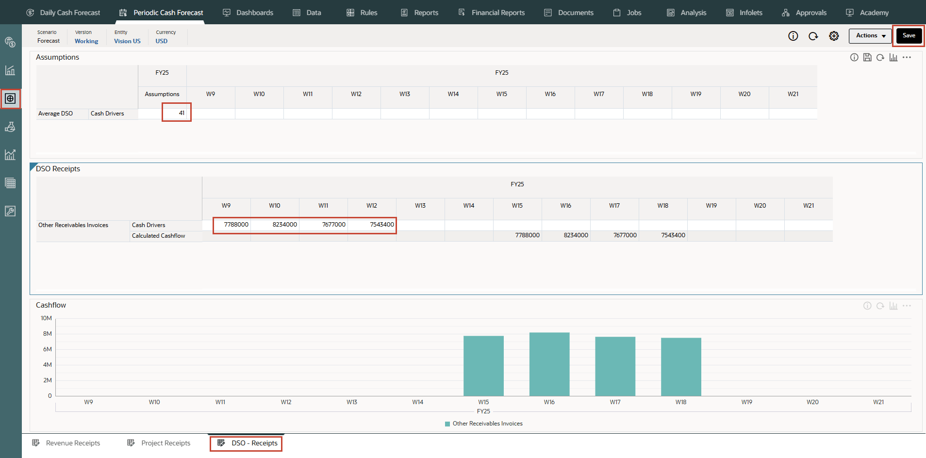 DSO - Receipts form with values