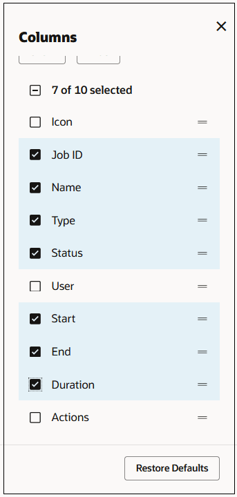 Columns dialog box showing the columns to display on the All Jobs page Columns dialog box showing the columns to display on the All Jobs page