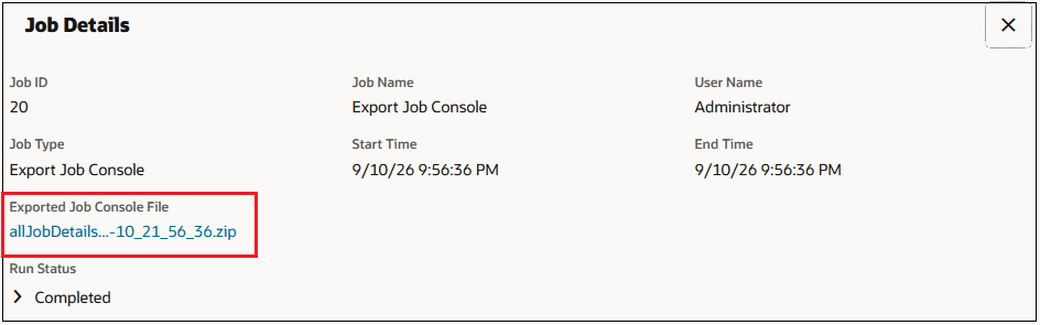 Job Details page showing the Exported Job Console zip file