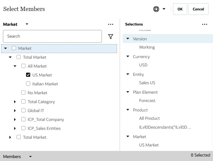 Member selector to define the model scope