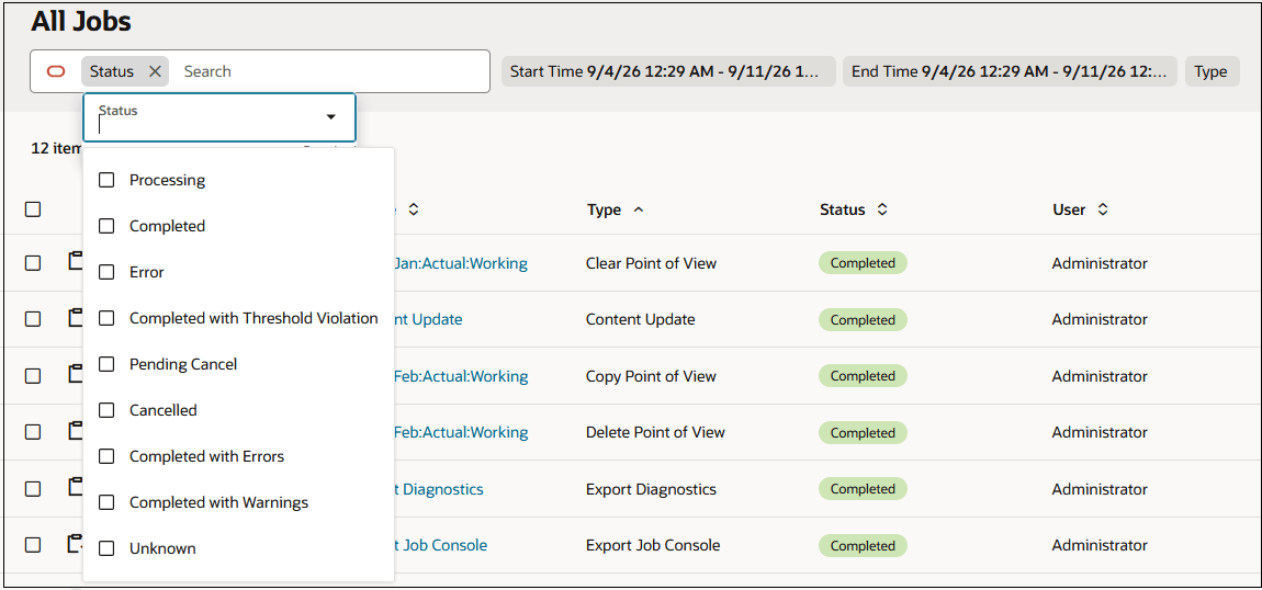 All Jobs tab with the Status tile in the Search field