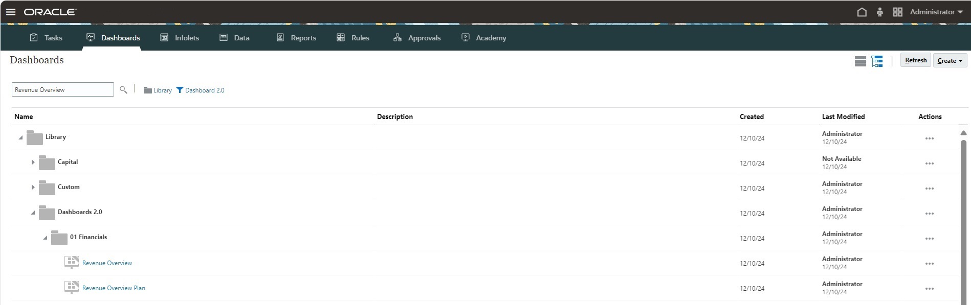 Image showing the Dashboards page in the legacy interface