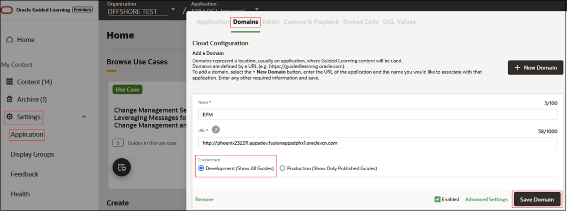 Screen to Change OGL Application Environment to Development