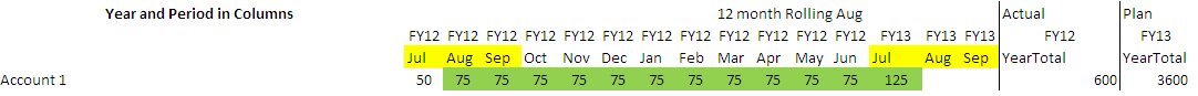 Example of a Rolling Forecast where there are additional segments for the actual year and the plan year