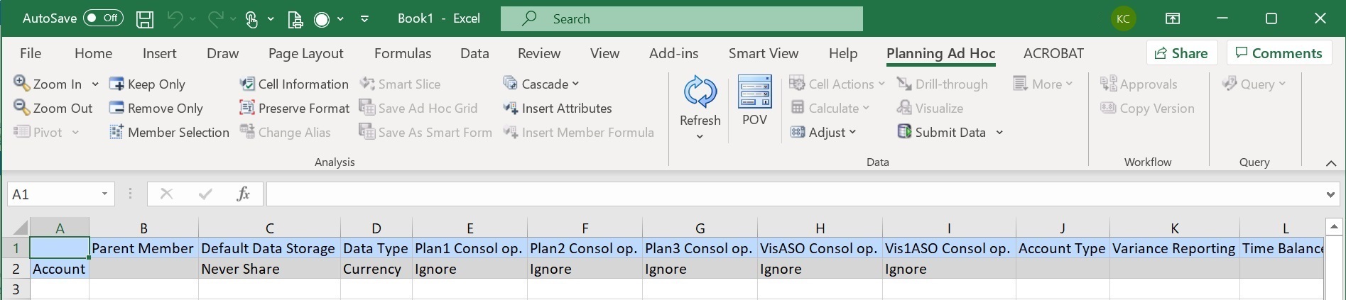 Shows an Excel worksheet with the dimension name in the row position, and the dimension properties in the column positions; for example, in cell C1 is the Default Data Storage property, and in cell C2 is property setting, Never Share. The Planning Ad Hoc ribbon is displayed when you import a dimension in to a grid.
