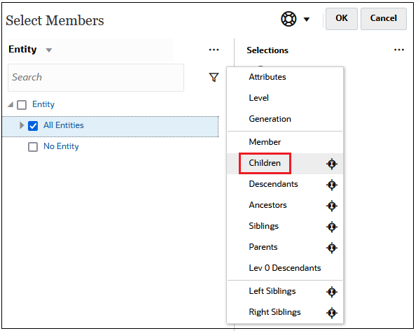Select Members dialog box with All Entities and the Include icon next to Children selected