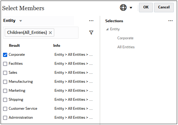 Select Member dialog box with the children of the All Entities displayed