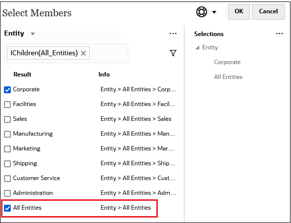 Select Member dialog box with the children of the All Entities and the All Entities member displayed