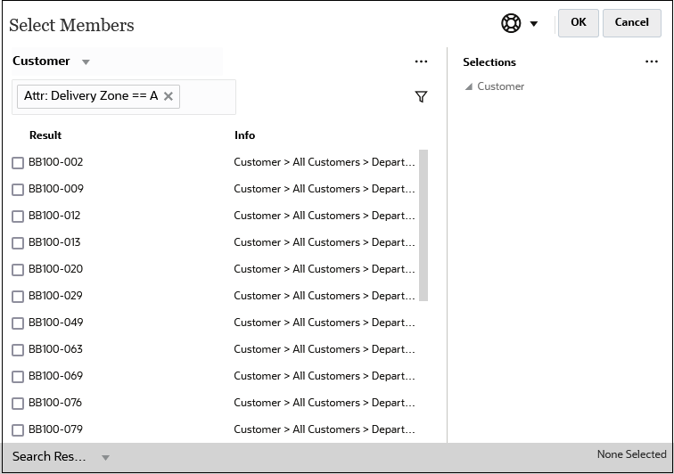 Members for the Customer Select Members dialog box with the Customer dimension filtered by Delivery Zone A