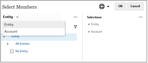 Select Member dialog box with Entity and Account displayed in the drop-down