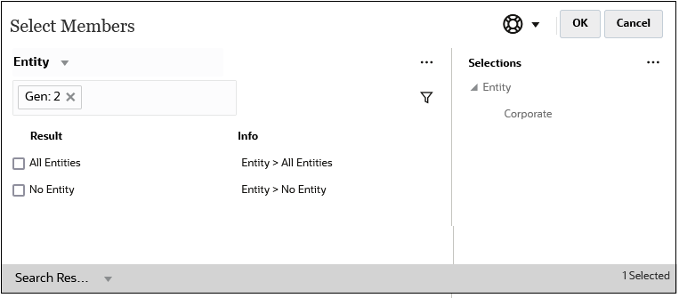 Select Members dialog box with the generation 2 members of Entity