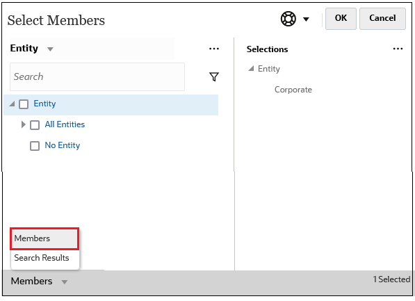Select Members dialog box with the hierarchy view displayed