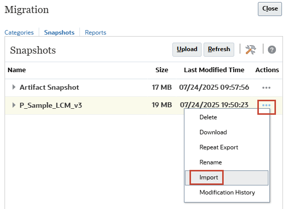 Actions menu for the imported snapshot