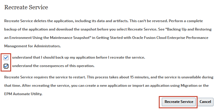 Recreate Service dialog box
