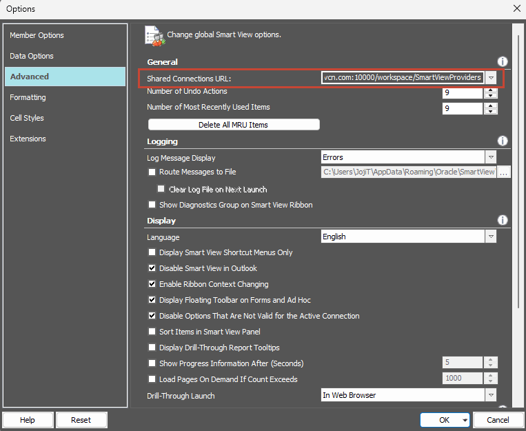 Options dialog boxs