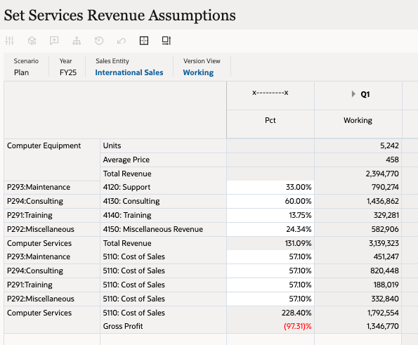 Set Services Revenue Assumptions form