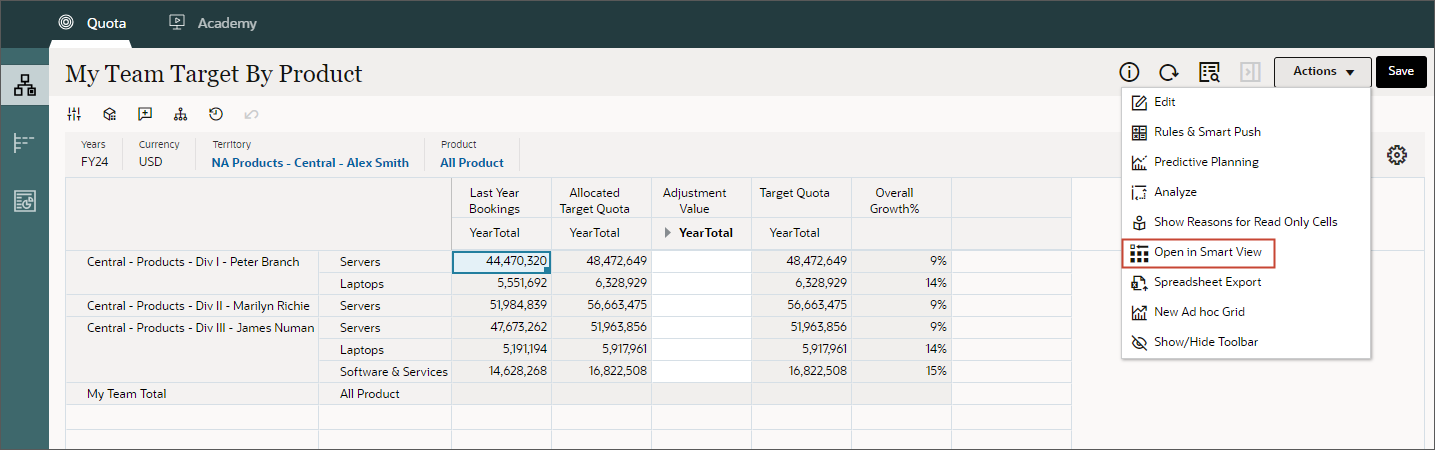 Setting and Analyzing Quotas in Sales Planning with Smart View